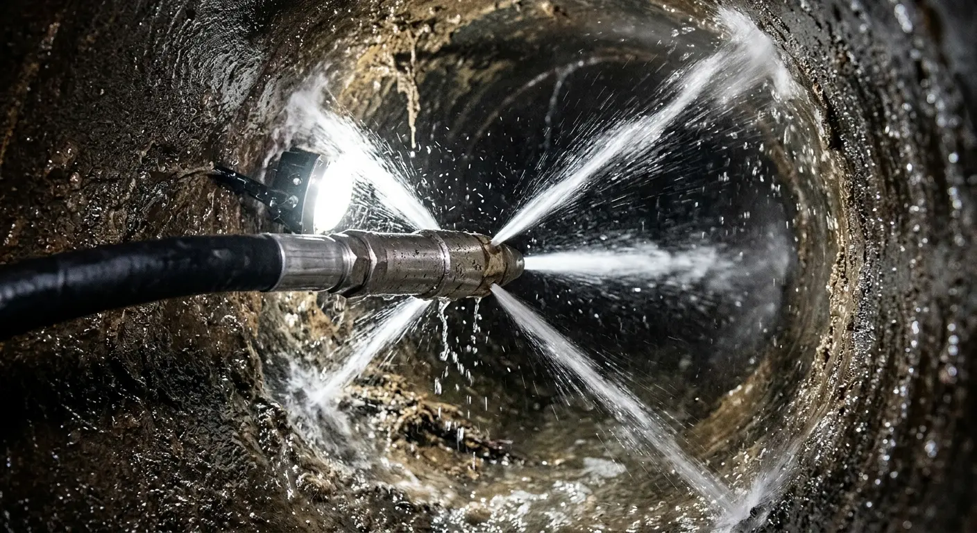 High-pressure hydro jetting nozzle cleaning sewer pipe for Sewer Cleanout in Seward