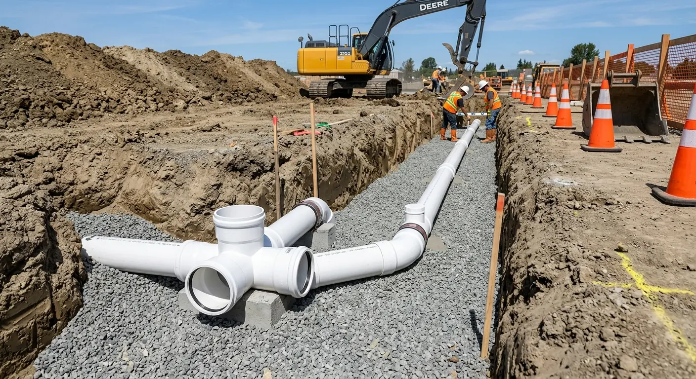 New PVC sewer pipe installation in open trench for Commercial Drain Cleaning in Seward