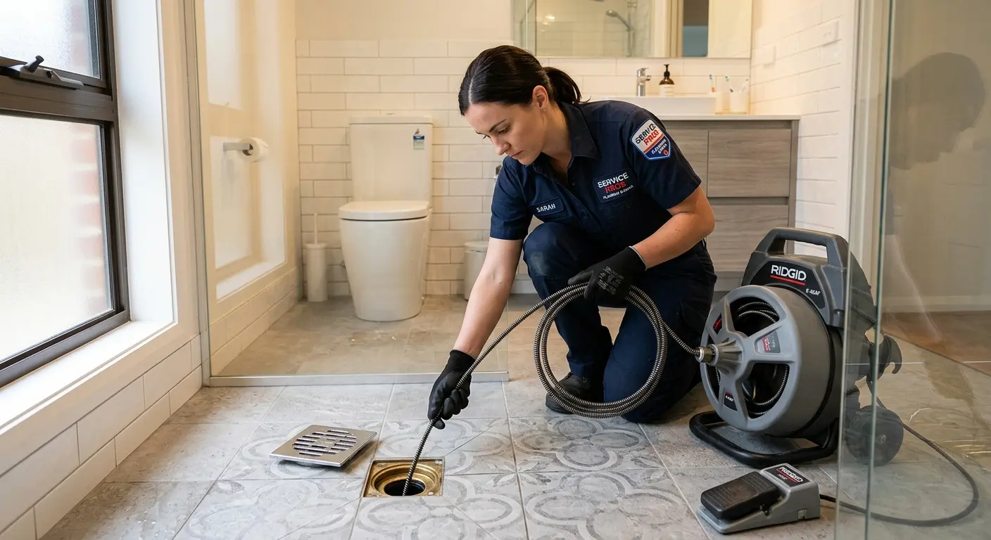 Technician clearing a bathroom floor drain for Clogged Drain Repair in Seward